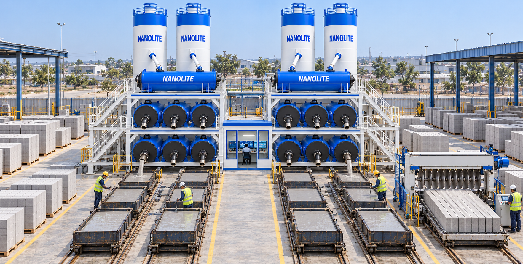 Illustrative Nanolite plant with four silos, mixing modules, a central control cabin, rail-mounted moulds and a cutting machine